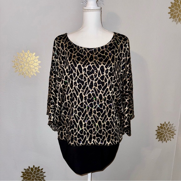 Catos Women’s Plus 18/20 Black Gold Metallic Top Leopard Print Dolman Sleeves - Picture 2 of 11